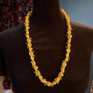 Vintage Yellow Rose Beaded Necklace with Pearls and Green Leaves